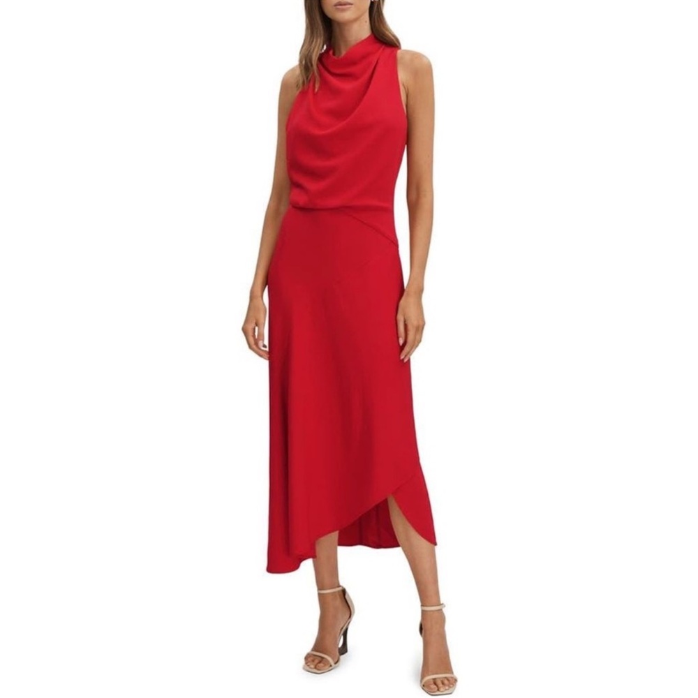 REISS Giana High Neck Draped Midi Dress Red